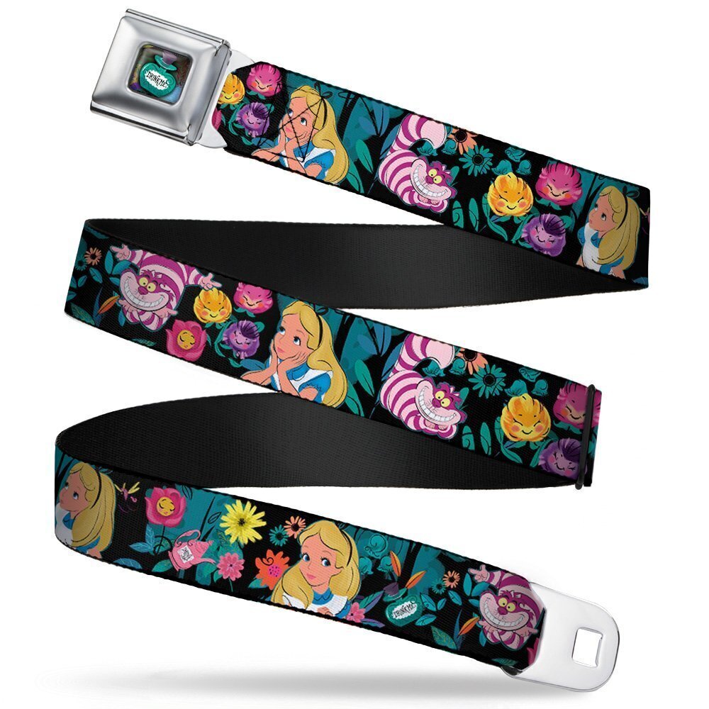 2709 Seatbelt Belt Alice/Cheshire Cat/Flowers Poses Black/Multi Color